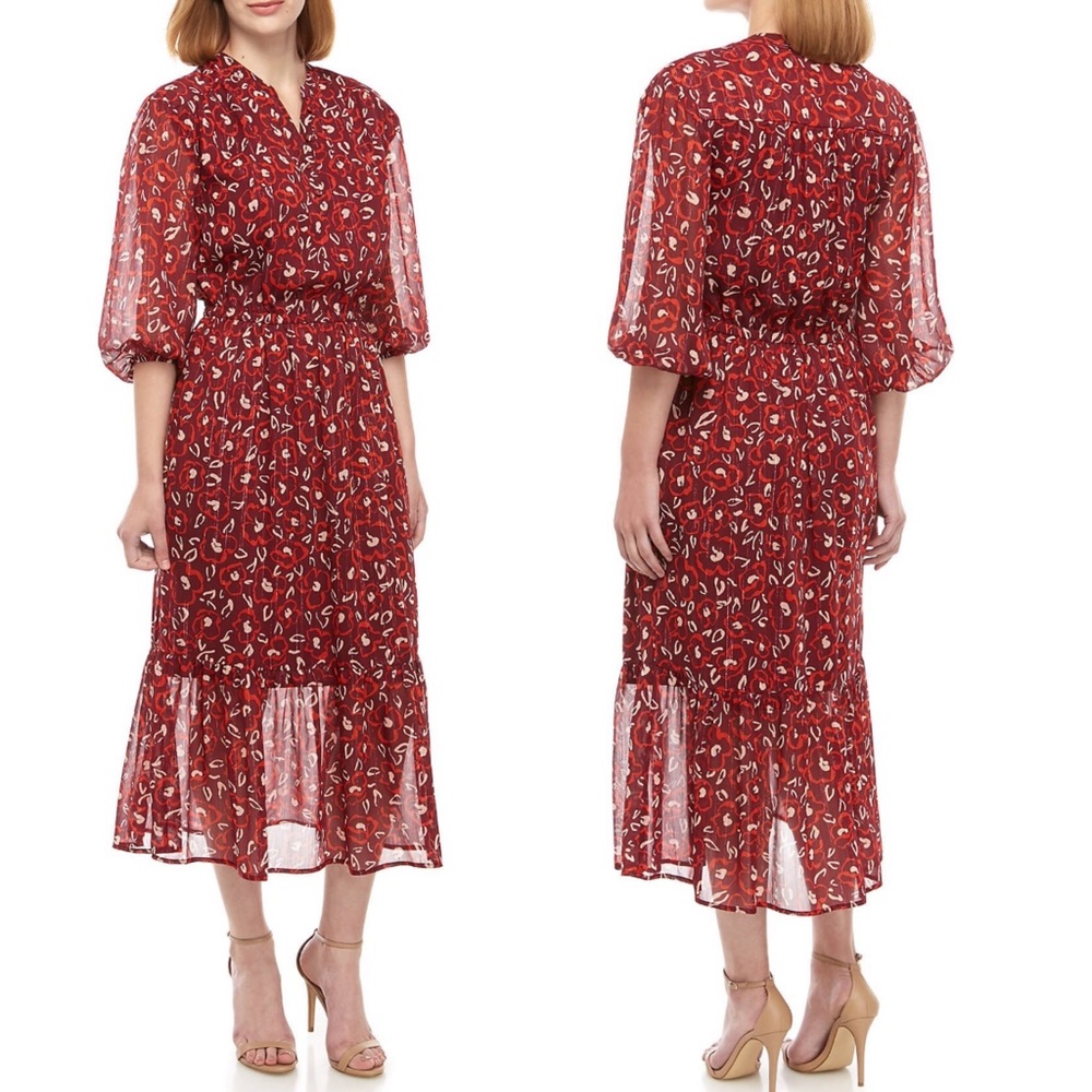 Brand New Burgundy Metallic Stripe Split Neck Boho Midi Peasant Dress Small